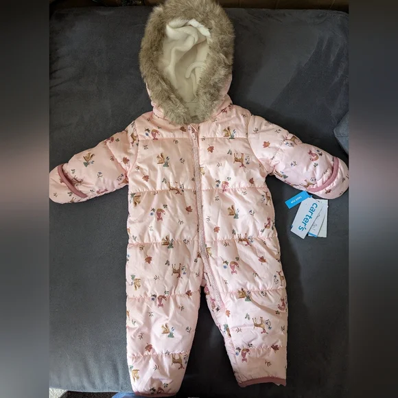 Carter's Pink Baby Snowsuit with Animal Print 6M - Picture 1 of 6